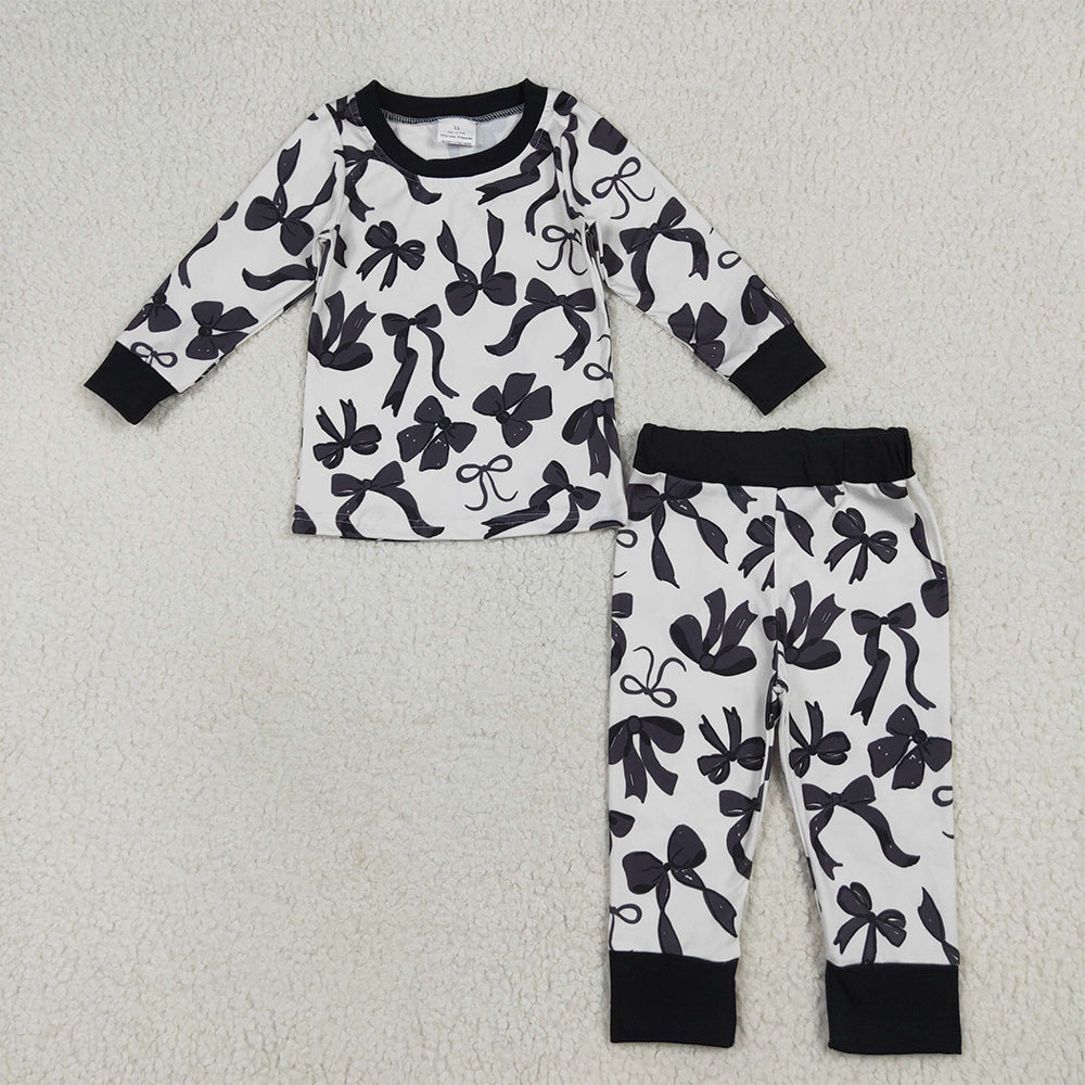 8.18 GLP2395 RTS NO MOQ Baby Girls Winter Outfits Baby Girls Long Sleeves Black Bows Top Pant Pajamas Set