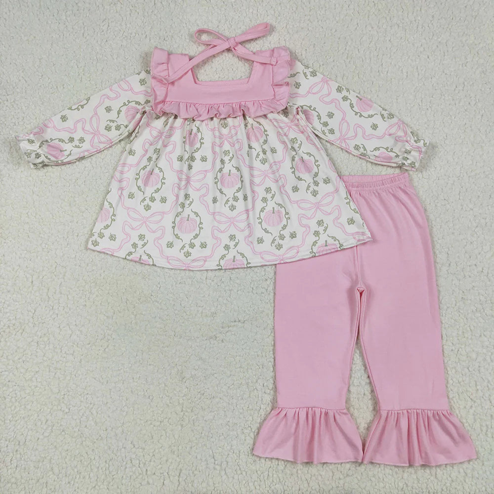10.2 RTS Sibling Baby Girls Pumpkins Bows Rompers Outfits Sets