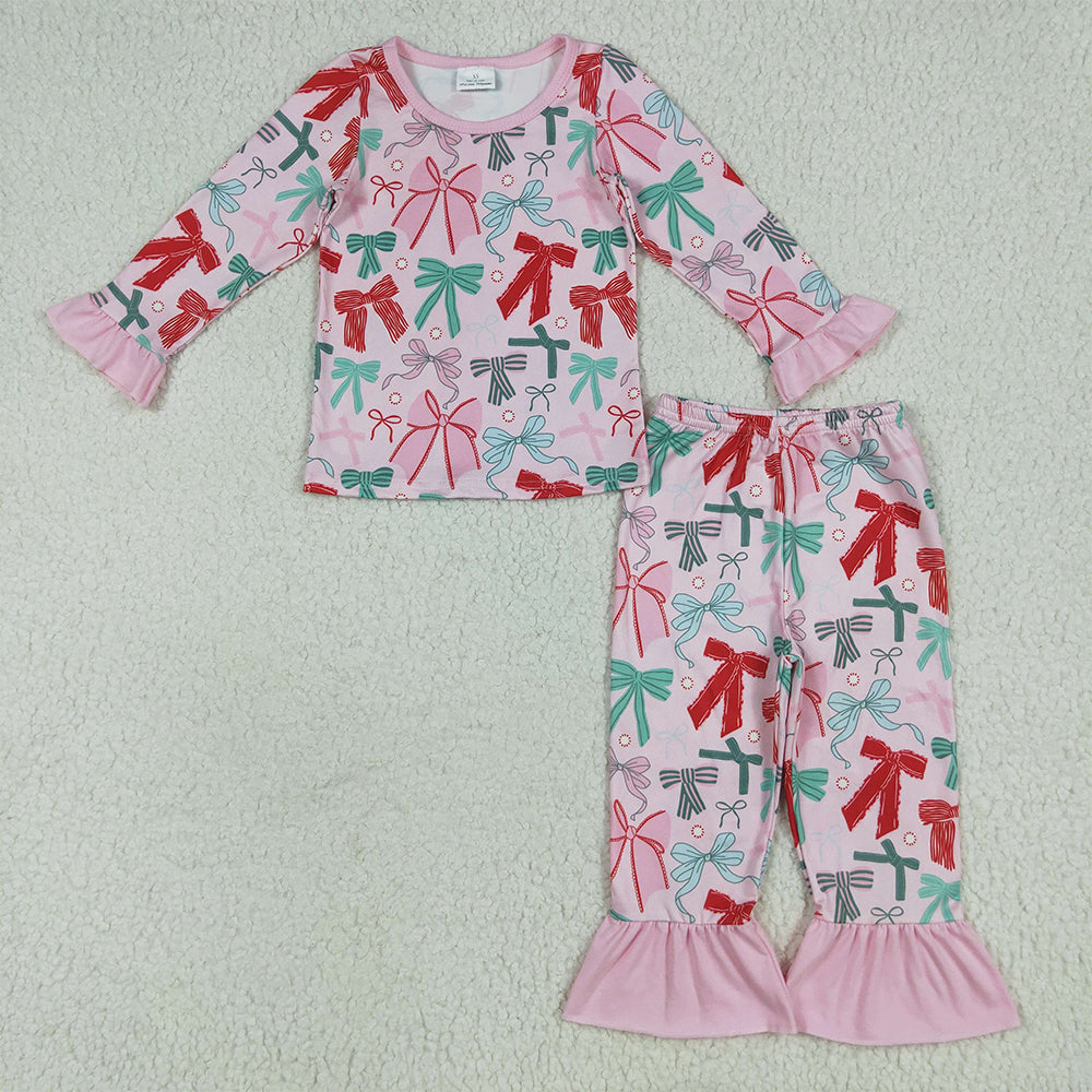 8.18 GLP2413RTS NO MOQ Baby Girls Winter Outfits Baby Girls Pink Long Ruffle Sleeves Colorful Bows Top Pant Pajamas Set
