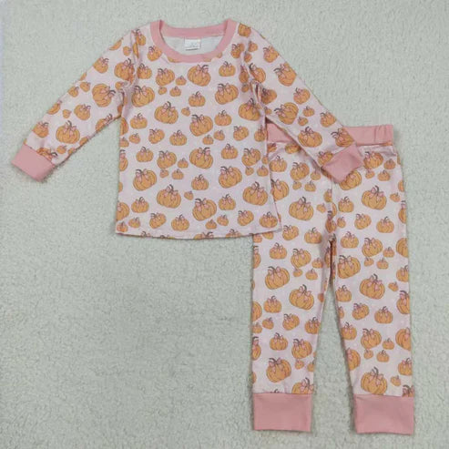 9.29 RTS Sibling Baby Girls Pink Bows Pumpkins Rompers Pajamas Sets