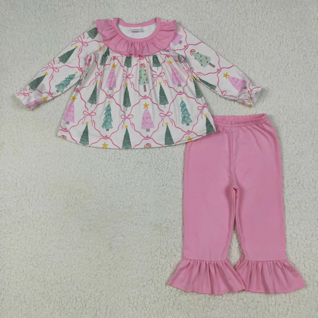 10.2 RTS Sibling Baby Girls Long Ruffle Sleeves Holly Santa Plaid Tunic Pants Christmas Set