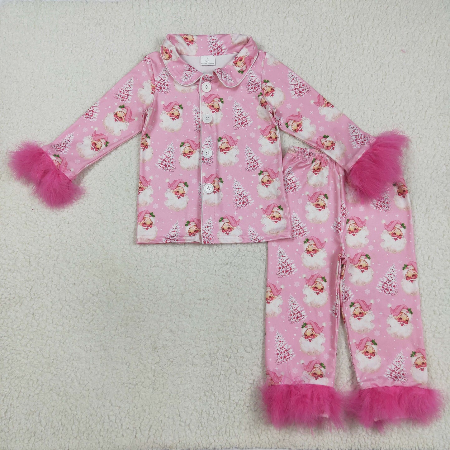 RTS NO MOQ (In stock)GLP2424 Baby Girls Winter Outfits Baby Girls Pink Fur Sleeve Santa Trees Button Top Pant Christmas Pajamas Set
