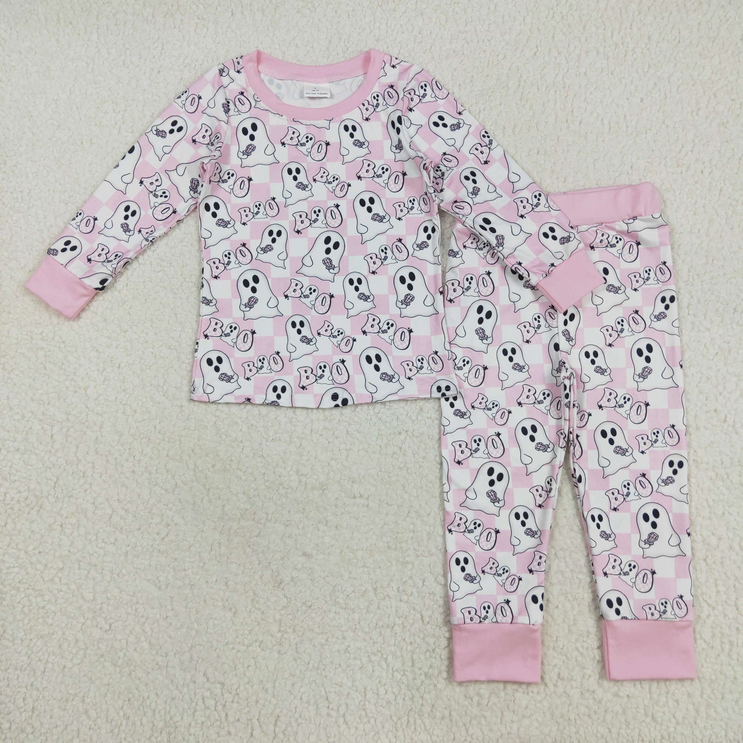 RTS NO MOQ (In stock)GLP2433 Baby Girls Winter Outfits Baby Girls Pink Halloween Ghost BOO Top Pant Pajamas Sets