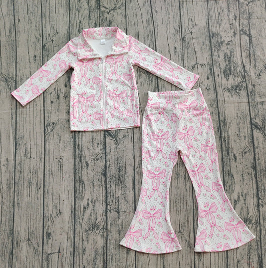 9.20 GLP2440 Sample No Moq Fast Coming Baby Girls Pink Floral Bows Pockets Zipper Top Bell Bottom Pant Yoga Set