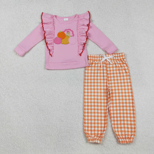 9.19 RTS Sibling Baby Girls Embroidery Turkey Pie Pumpkins Tunic Pants Thanksgiving Clothes Sets