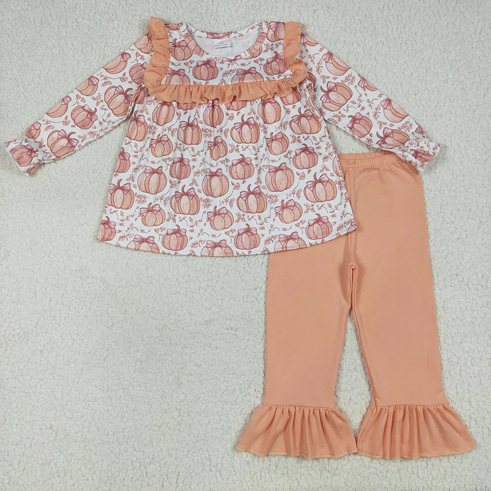 10.1 RTS Sibling Baby Girls Fall Bow Pumpkins Rompers Outfits Clothes Sets