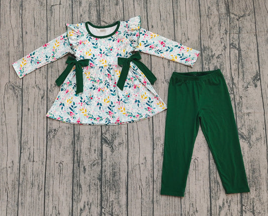 9.23 GLP2476 XS-3XL Sample No Moq Fast Coming Baby Girls Christmas Green Leaves Bows Tunic Legging Pants Sets