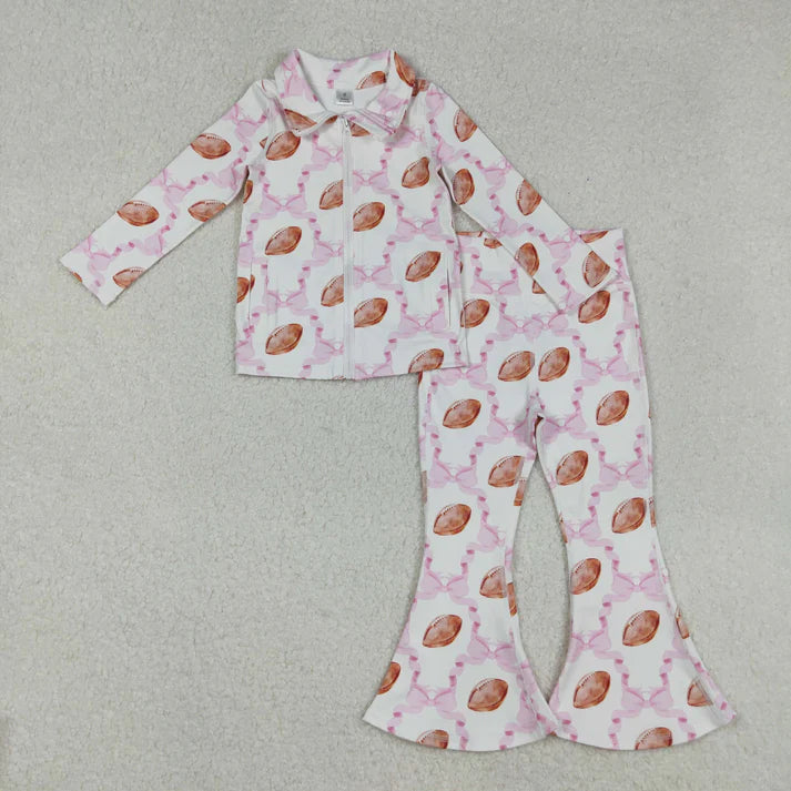 9.22 RTS Sibling Baby Girls Floral Footballs Bottomland Camo Pullovers Jeckets Bell Bottom Pants Yoga Active Clothes Sets