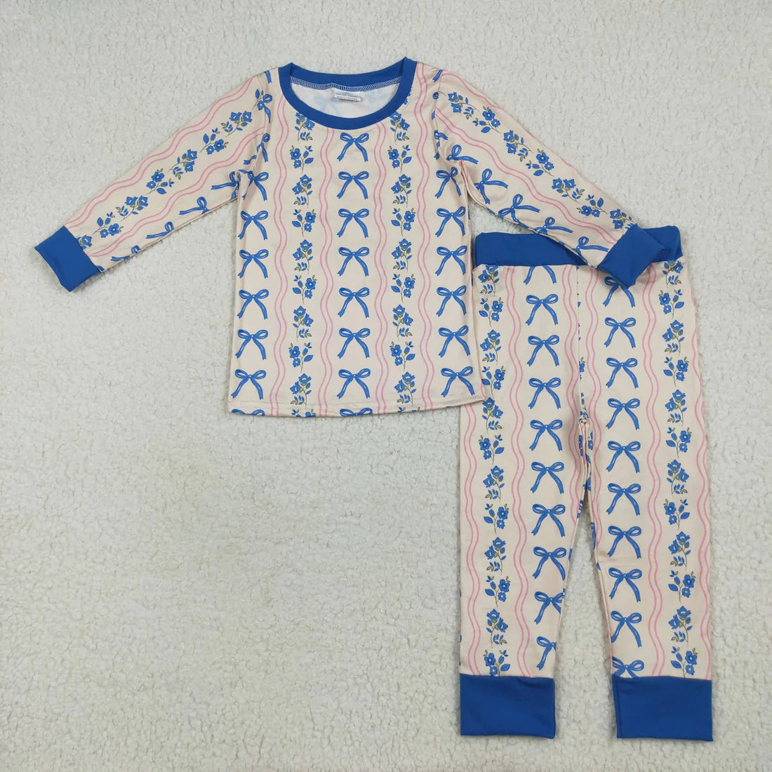 10.2 RTS Sibling Baby Girls Blue Bows Flower Stripe Rompers Pajamas Sets