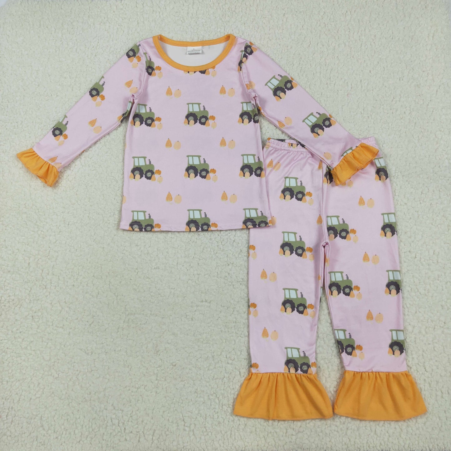 RTS NO MOQ (In stock)GLP2506 Baby Girls Winter Outfits Baby Girls Pink Long Ruffle Sleeves Pumpkins Trucks Top Pant Pajamas Sets