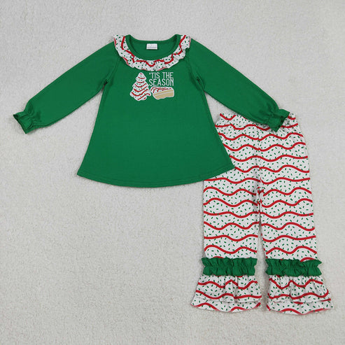 11.22 RST Sibling Baby Girls Embroidery Stripe Trees Tunic Ruffle Pants Christmas Clothes Sets Jumpsuits