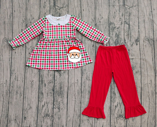 9.20 GLP2530 Sample No Moq Fast Coming Embroidery Santa Baby Girls Green Red Checked Tunic Ruffle Pant Christmas Clothes Set Preorder