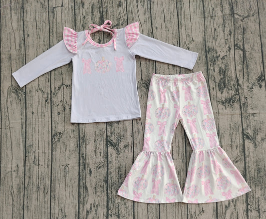 9.27 GLP2532 XS-3XL Sample No Moq Baby Girls Long Sleeves Bows Pumpkins Tunic Bell Bottom Pant Set