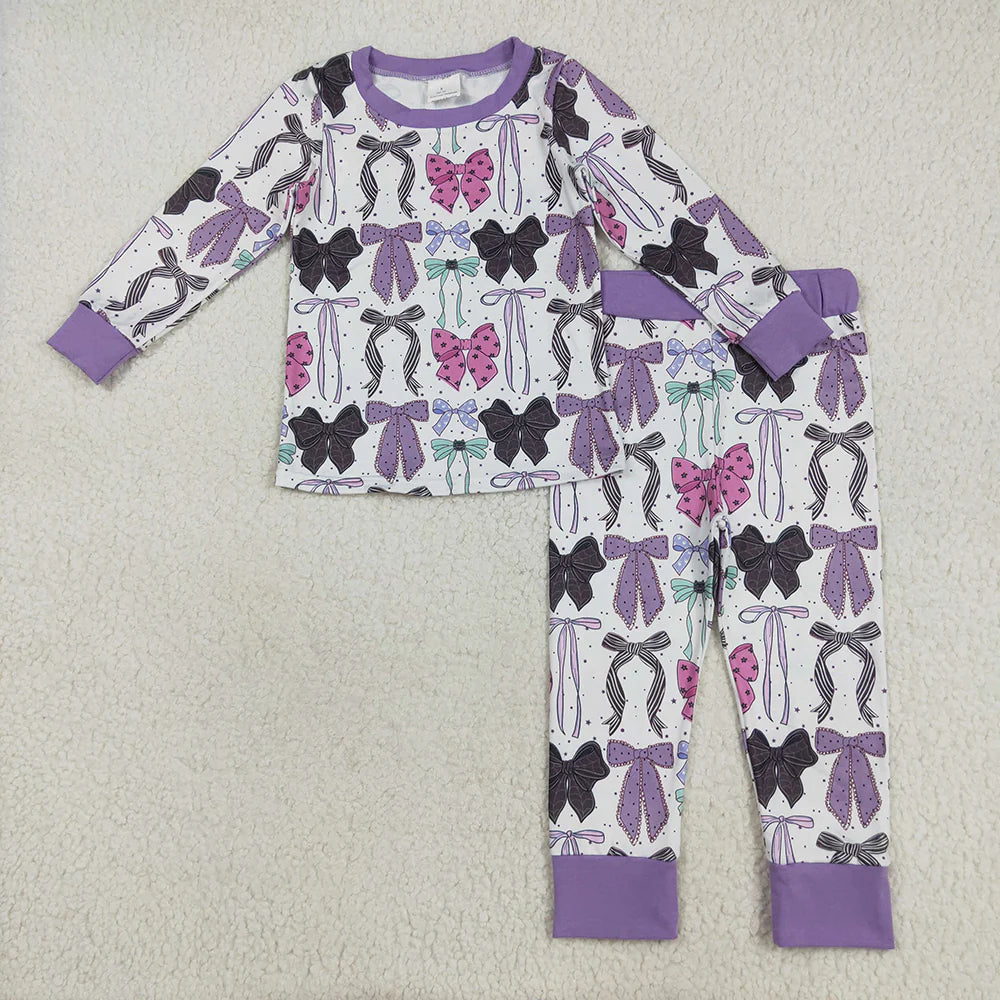 10.1 RTS Sibling Baby Girls Purple Bows Pajamas Rompers Outfits Sets