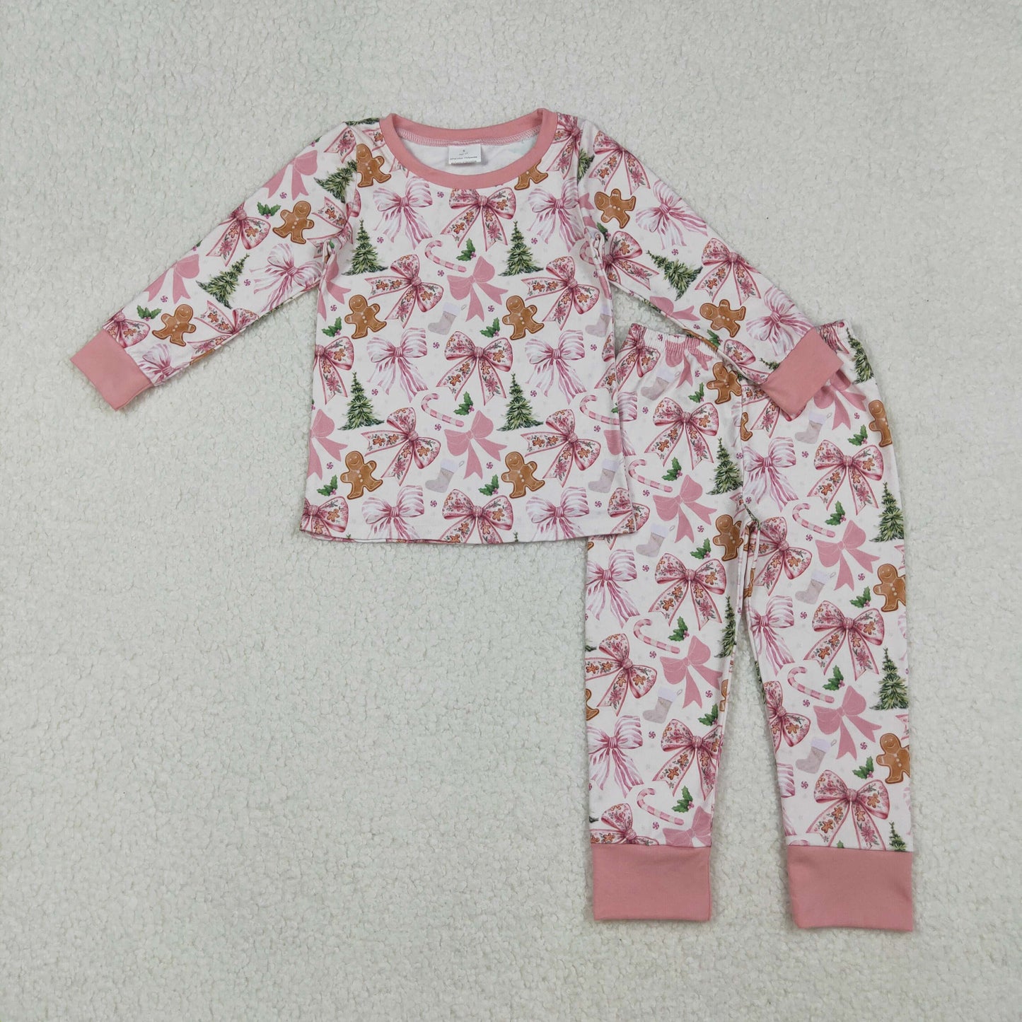 RTS NO MOQ (In stock)GLP2542 Baby Girls Winter Outfits Pink Christmas Trees Gingerbread Top Pants Pajamas Sets