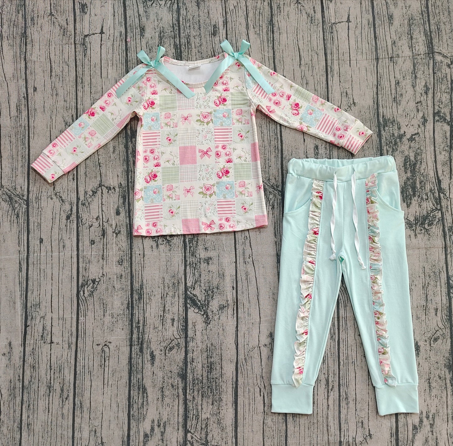9.27 GLP2551 Sample No Moq Baby Girls Flowers Checked Bows Top Ruffle Pockets Pants Clothes Sets