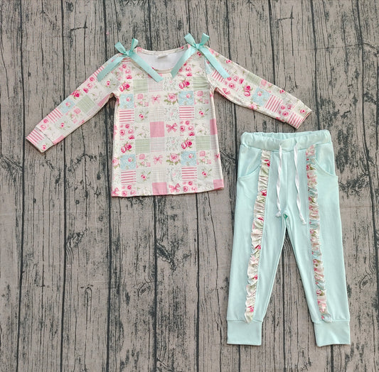 9.27 GLP2551 Sample No Moq Baby Girls Flowers Checked Bows Top Ruffle Pockets Pants Clothes Sets