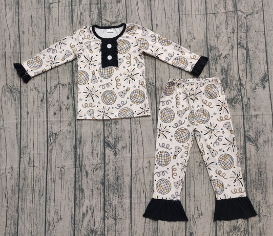 9.24 GLP2563 XS-3XL Sample No Moq Baby Girls Happy New Year Button Top Pant Pajamas Set