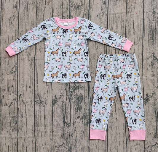 9.15 GLP2564 Sample No Moq Fast Coming Baby Girls Long Sleeves Horses Chicks Top Pant Farm Pajamas Set