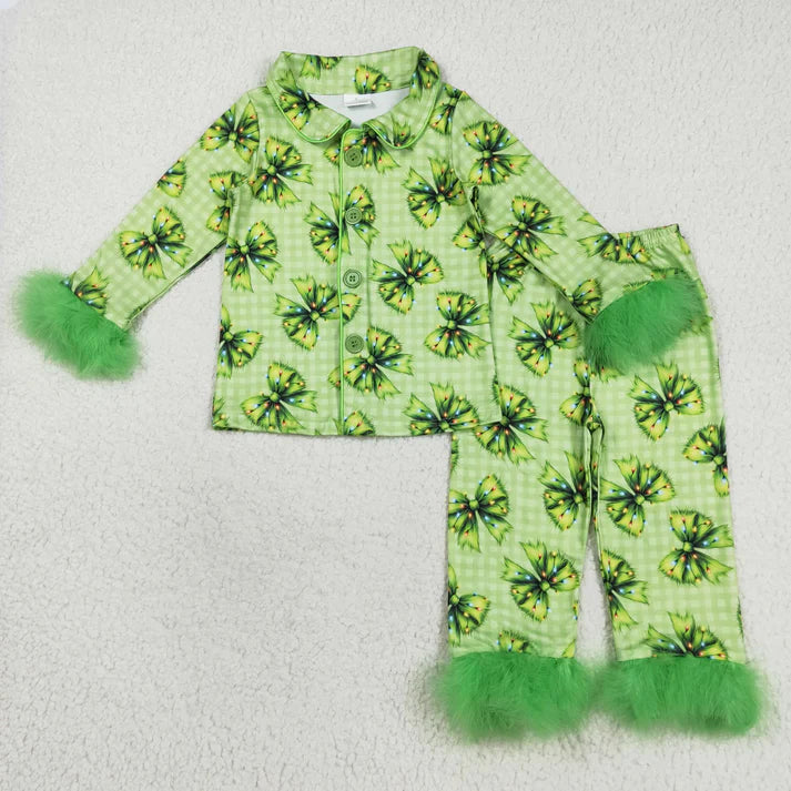 9.27 RTS Sibling Baby Girls Sister Christmas Green Face Bows Buttons Top Pants Fur Pajamas Clothes Sets