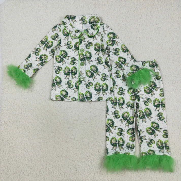 9.27 RTS Sibling Baby Girls Sister Christmas Green Face Bows Buttons Top Pants Fur Pajamas Clothes Sets