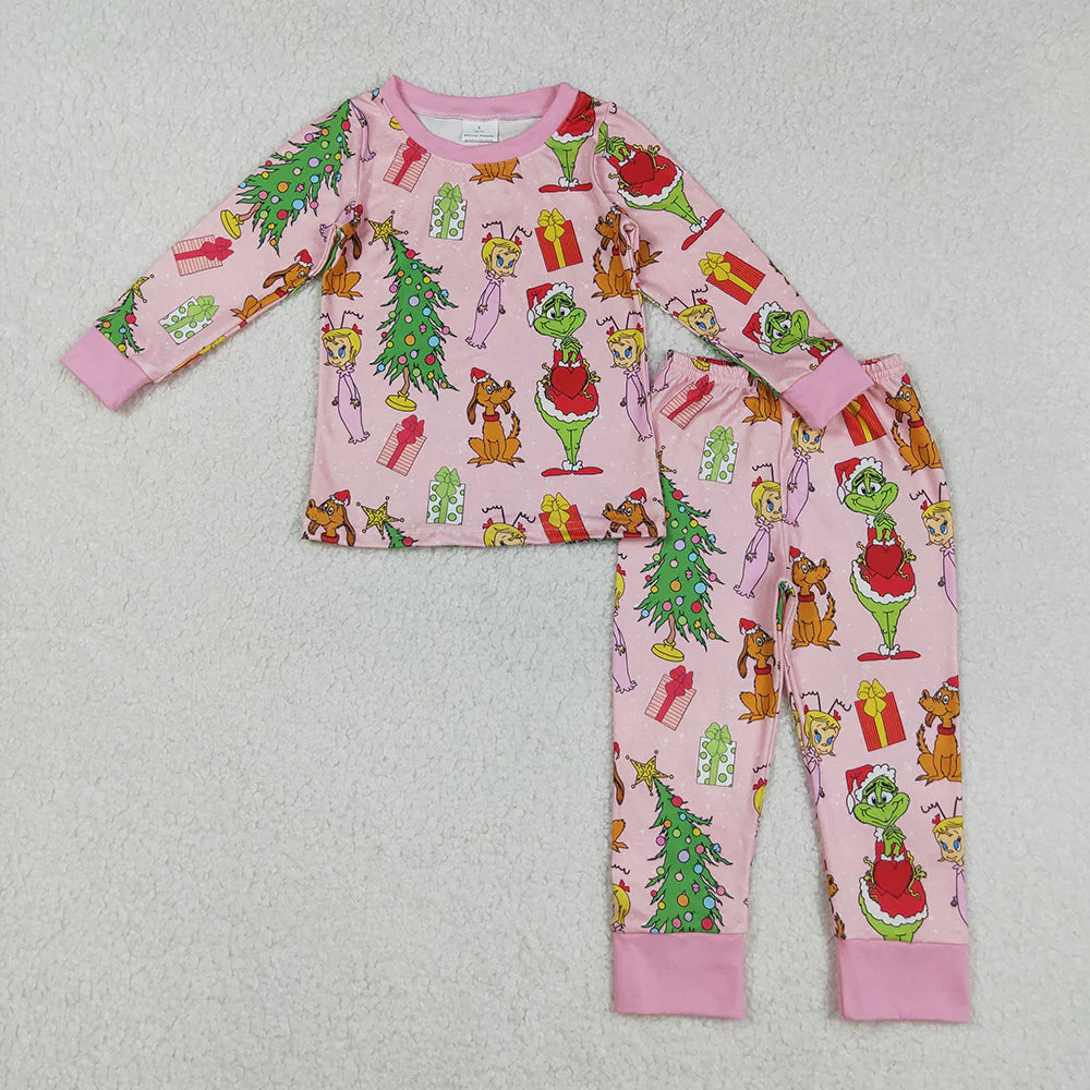 9.23 RTS Sibling Baby Kids Long Sleeves Green Face Miss Christmas Pajamas Sets Zipper Footed Rompers