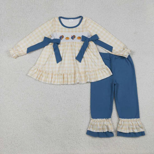 9.19 RTS Sibling Baby Girls Embroidery Turkey Pie Pumpkins Tunic Pants Thanksgiving Clothes Sets