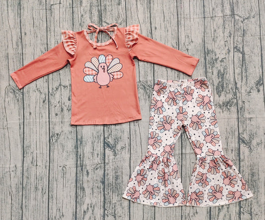 9.24 GLP2605 Sample No Moq Baby Girls Thanksgiving Turkey Bows Top Bell Bottom Pant Set