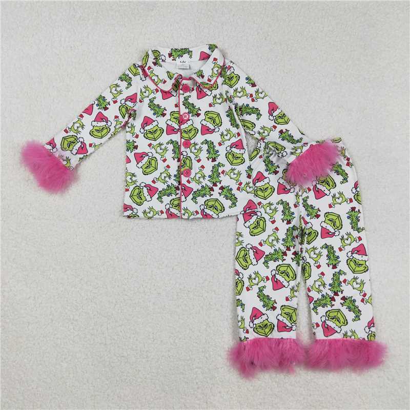 10.1 RTS Sibling Baby Girls Sister Christmas Green Face Bows Buttons Top Pants Fur Pajamas Clothes Sets