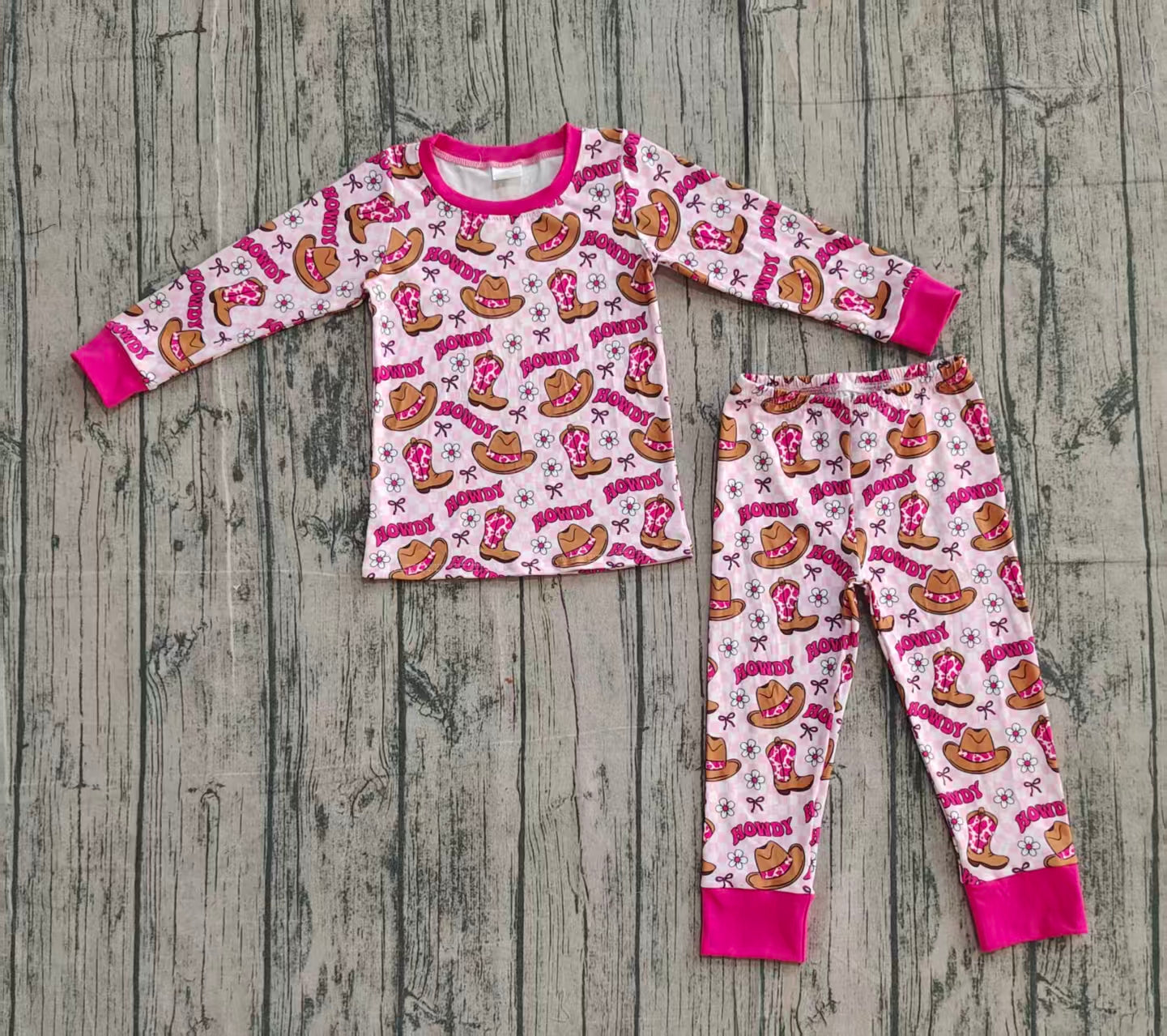 10.10 GLP2664 Sample No Moq Baby Girls Pink Checked Flowers Howdy Top Pant Western Pajamas Sets