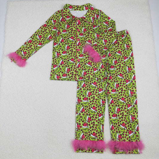 10.22 RTS NO MOQ (In stock)GLP2670 Adult Women Christmas Grin Leopard Button Top Pants Fur Sleeve Pajamas Set