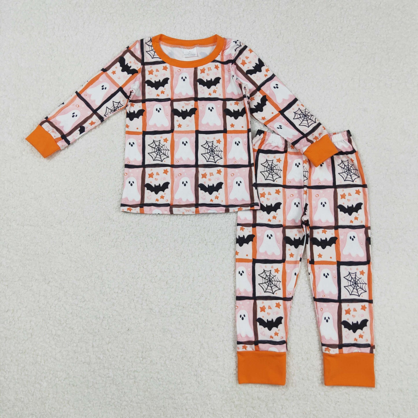 RTS Sibling Baby Girls Winter Outfits Pink Plaid Ghost Bat Halloween Pajamas Rompers for Kids Girls