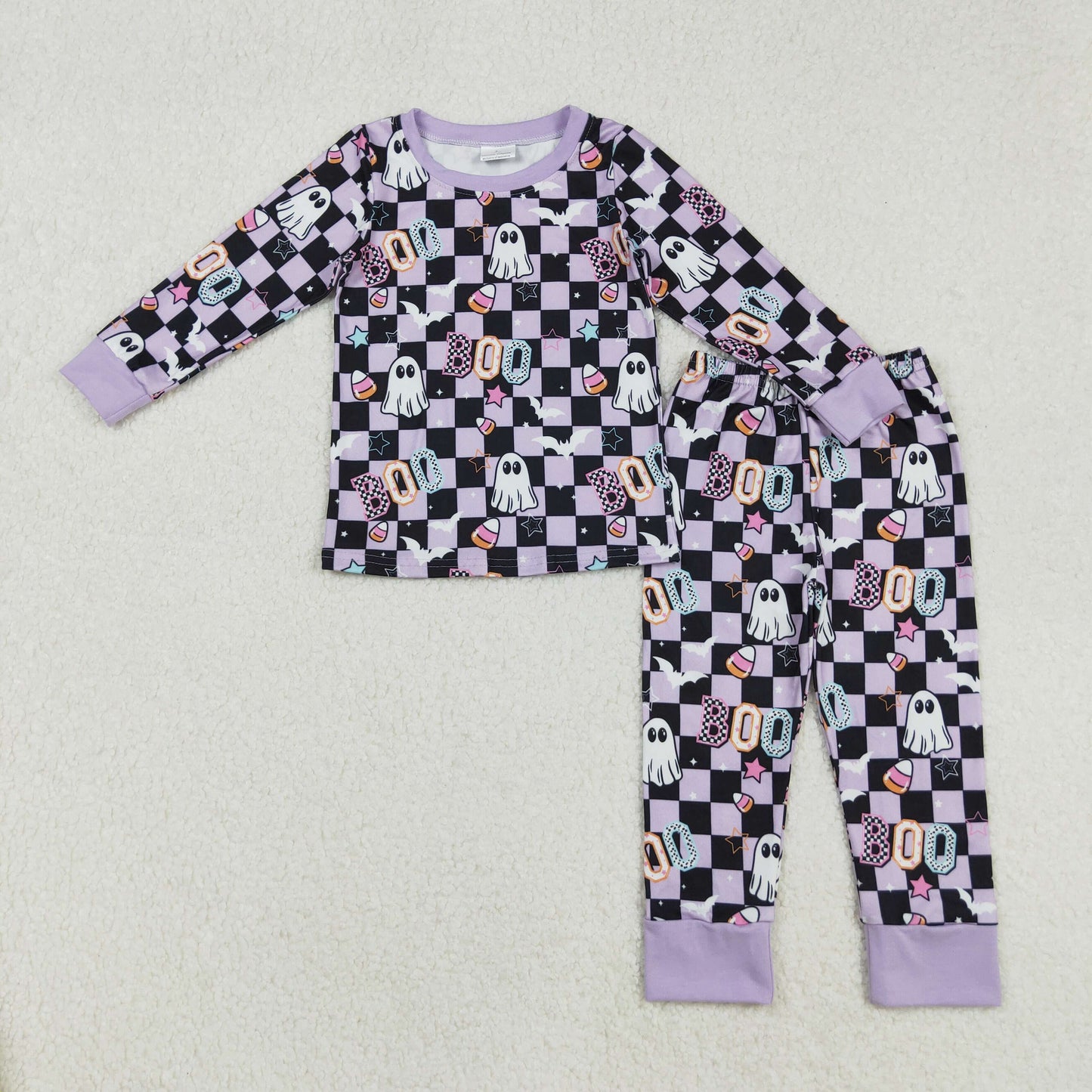 RTS NO MOQ (In stock)GLP2684 Baby Girls Winter Outfits Lavender Plaid Octopus Bowtie Baby Girls' Halloween Pajamas Short Sleeve Top And Pants Set