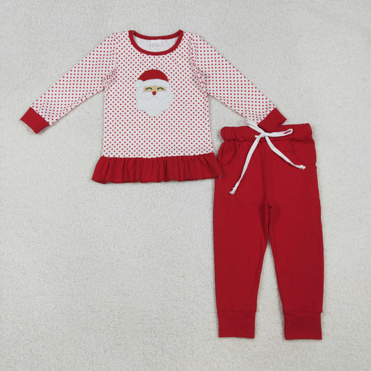 10.10 RTS NO MOQ (In stock)GLP2708 Embroidery Santa Baby Girls Polka Dots Ruffle Top Pockets Leggings Christmas Clothes Set