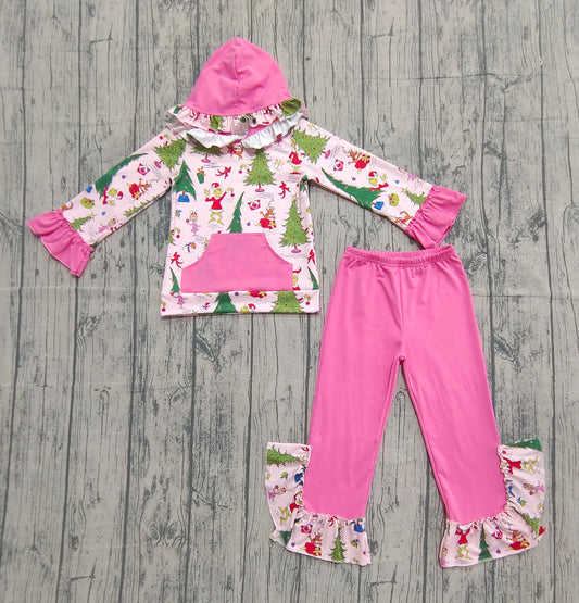 9.19 GLP2709 Sample No Moq Fast Coming Baby Girls Green Faces Christmas Trees Pocket Hoodie Ruffle Flame Pant Set