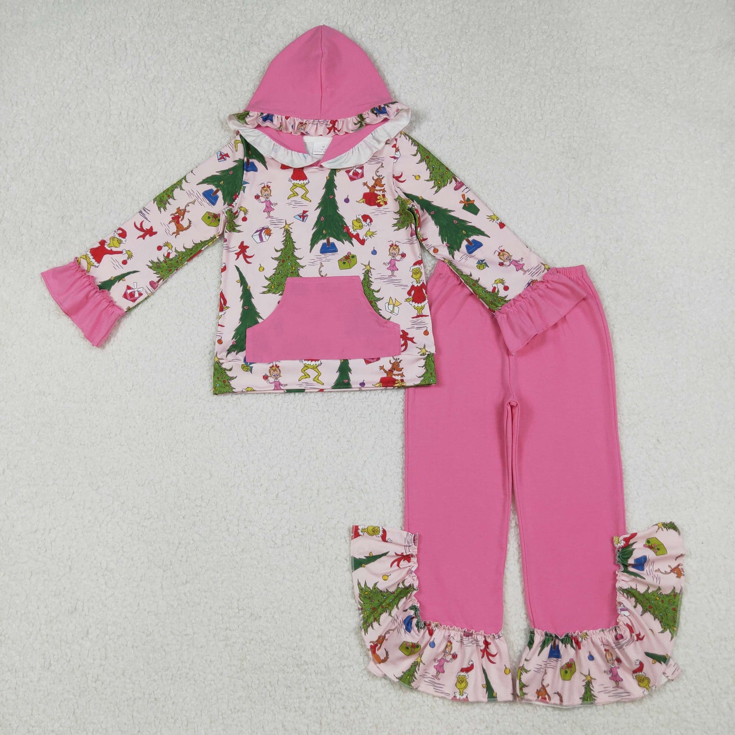 10.10 RTS NO MOQ (In stock)GLP2709 Baby Girls Grin Trees Pocket Hoodie Ruffle Pant Christmas Clothes Set