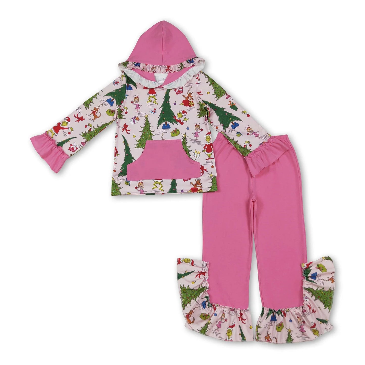 10.13 RTS Sibling Baby Girls Pink Lights Grin Plaid Pocket Hoodies Ruffle Bell Pants Christmas Clothes Sets
