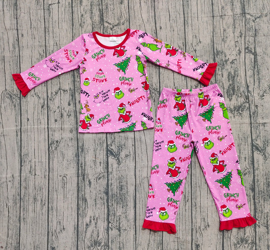 9.19 GLP2710 Sample No Moq Fast Coming Baby Girls Christmas Trees Green Face Top Ruffle Pant Pajamas Set