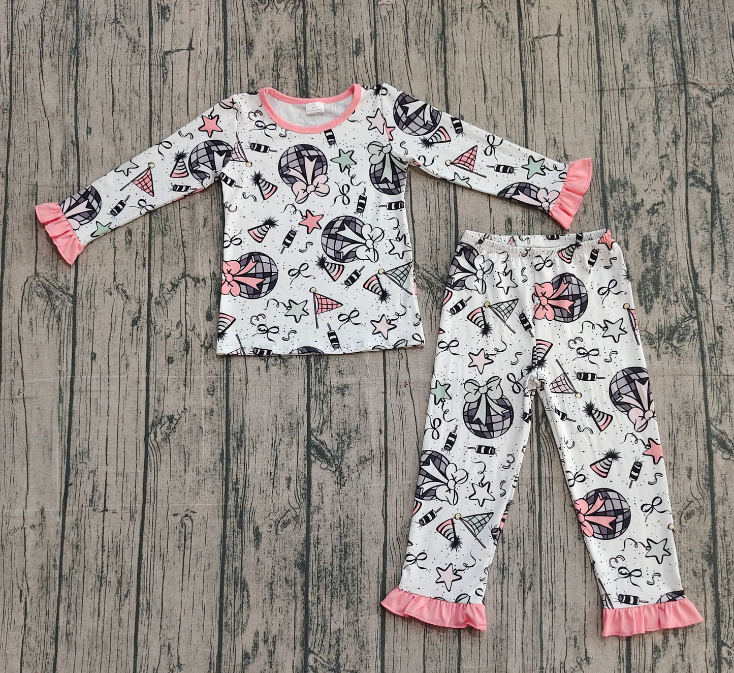 9.30 GLP2711 XS-3XL Sample No Moq Baby Girls Happy New Year Top Ruffle Pant Pajamas Set