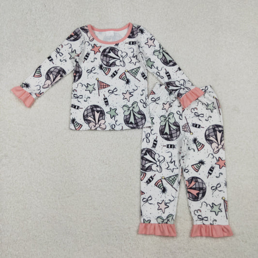10.21 RTS NO MOQ (In stock)GLP2711 Baby Girls Happy New Year Top Ruffle Pant Pajamas Sets