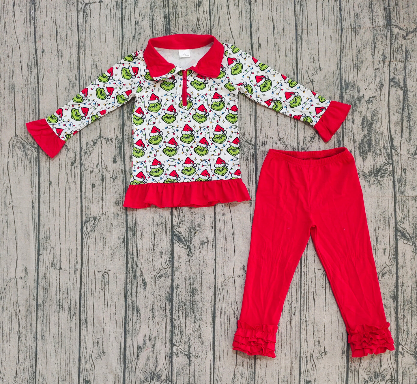 9.23 GLP2714 XS-3XL Sample No Moq Fast Coming Baby Girls Christmas Lights Green Faces Plaid Zipper Pullover Legging Pants Set