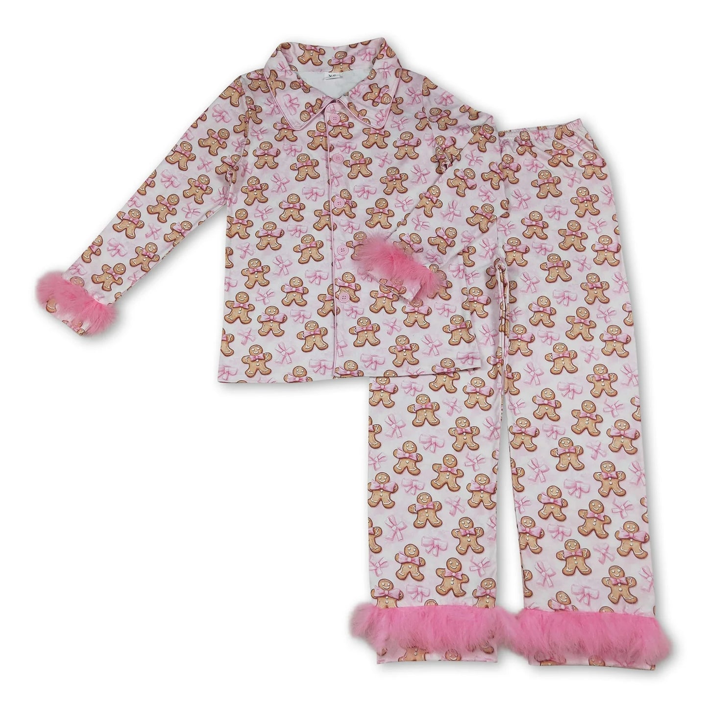 10.10 RTS Silbing Mama and Me Pink Bows Gingerbread Button Top Pants Christmas Fur Pajamas Sets
