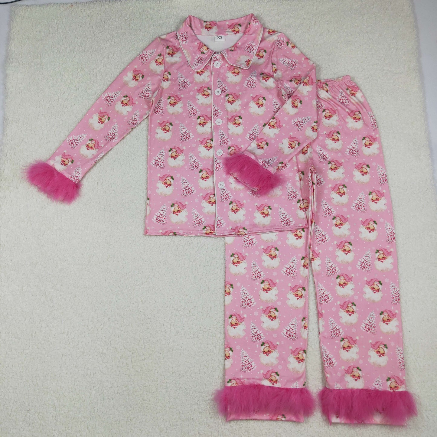 10.11 RTS NO MOQ (In stock)GLP2718 Adult Women Pink Santa Trees Button Top Pants Christmas Fur Pajamas Set