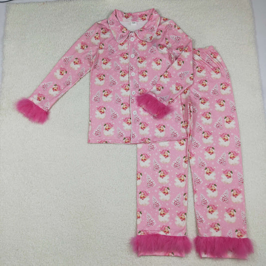 10.11 RTS NO MOQ (In stock)GLP2718 Adult Women Pink Santa Trees Button Top Pants Christmas Fur Pajamas Set
