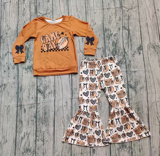 9.29 GLP2721 Sample No Moq Baby Girls Game Day Footballs Top Bell Bottom Pant Team Set