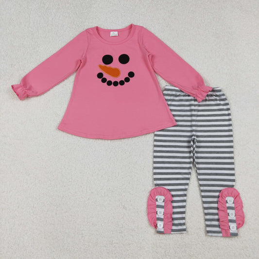 10.10 RTS NO MOQ (In stock)GLP2728 Baby Girls Winter Outfits Embroidery Snowmen Baby Girls Tunic Stripe Leggings Pant Christmas Set