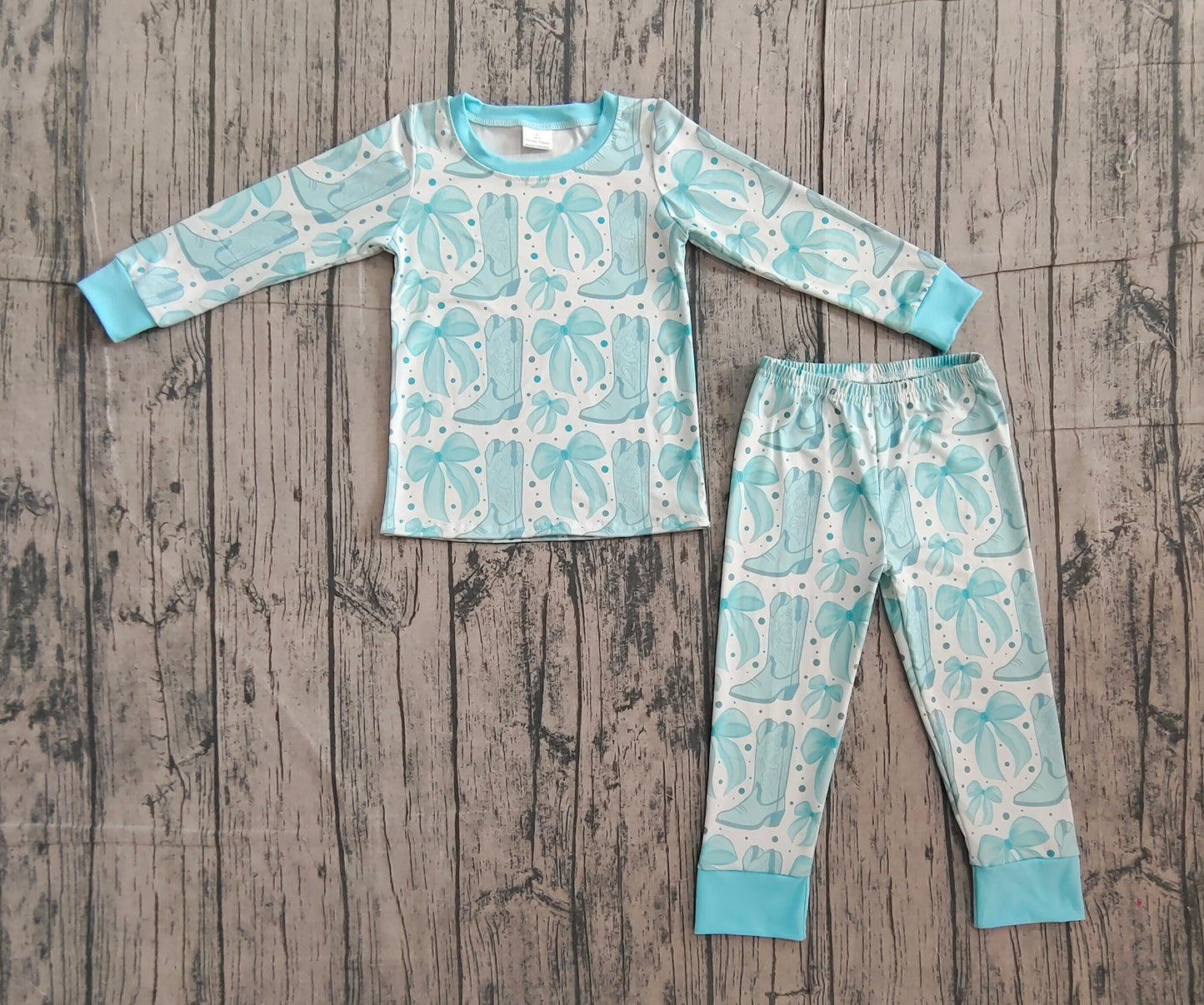 11.15 GLP2732 Sample No Moq Baby Girls Aqua Bows Boots Plaid Top Pant Western Pajamas Set