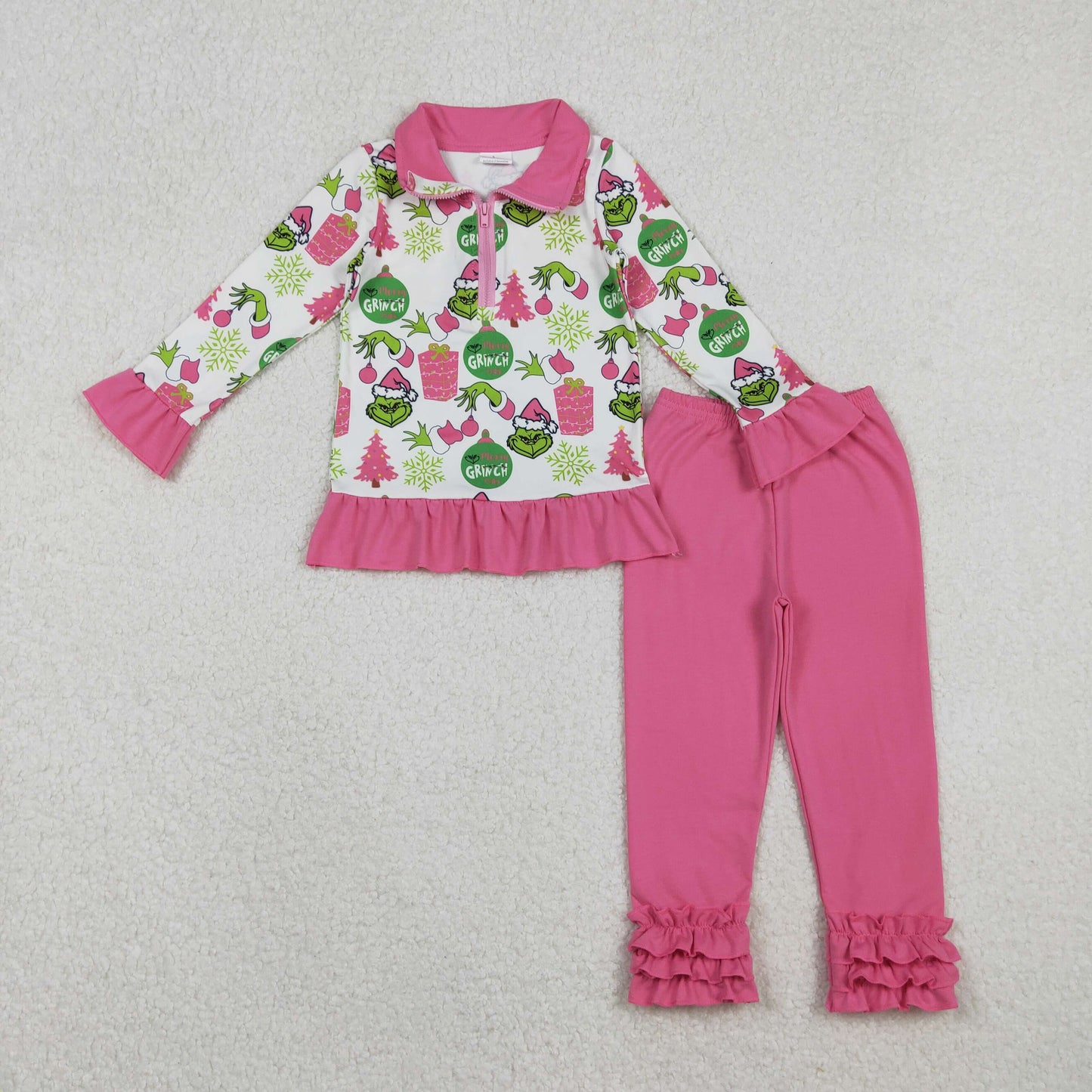 11.5 RTS NO MOQ (In stock)GLP2734 Baby Girls Grin Gifts Disco Zipper Pullover Ruffle Leggings Christmas Clothes Set