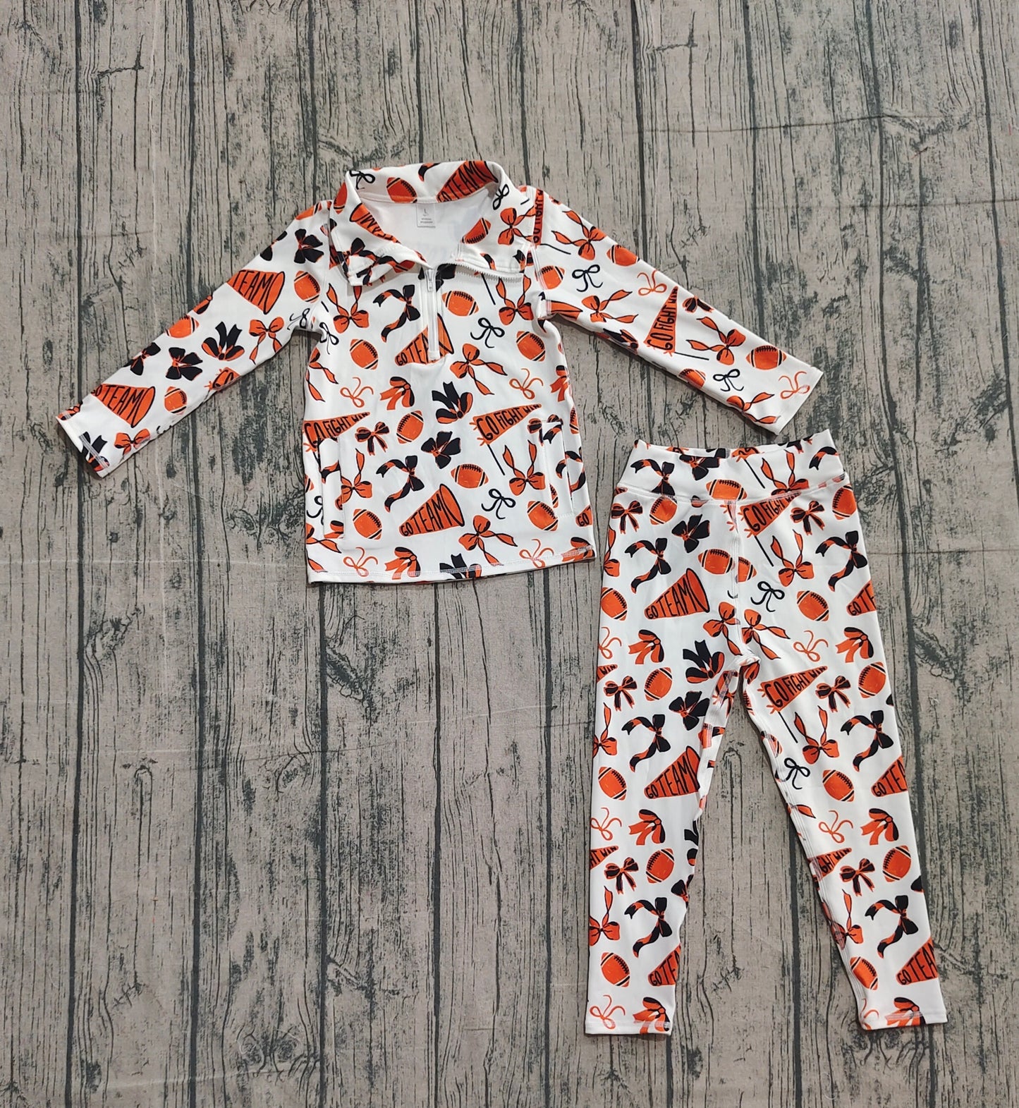 10.2 GLP2760 Sample No Moq Yoga fabric Baby Girls Orange Bows Footballs Go Teams Pullovers Leggings Yoga Clothes Set