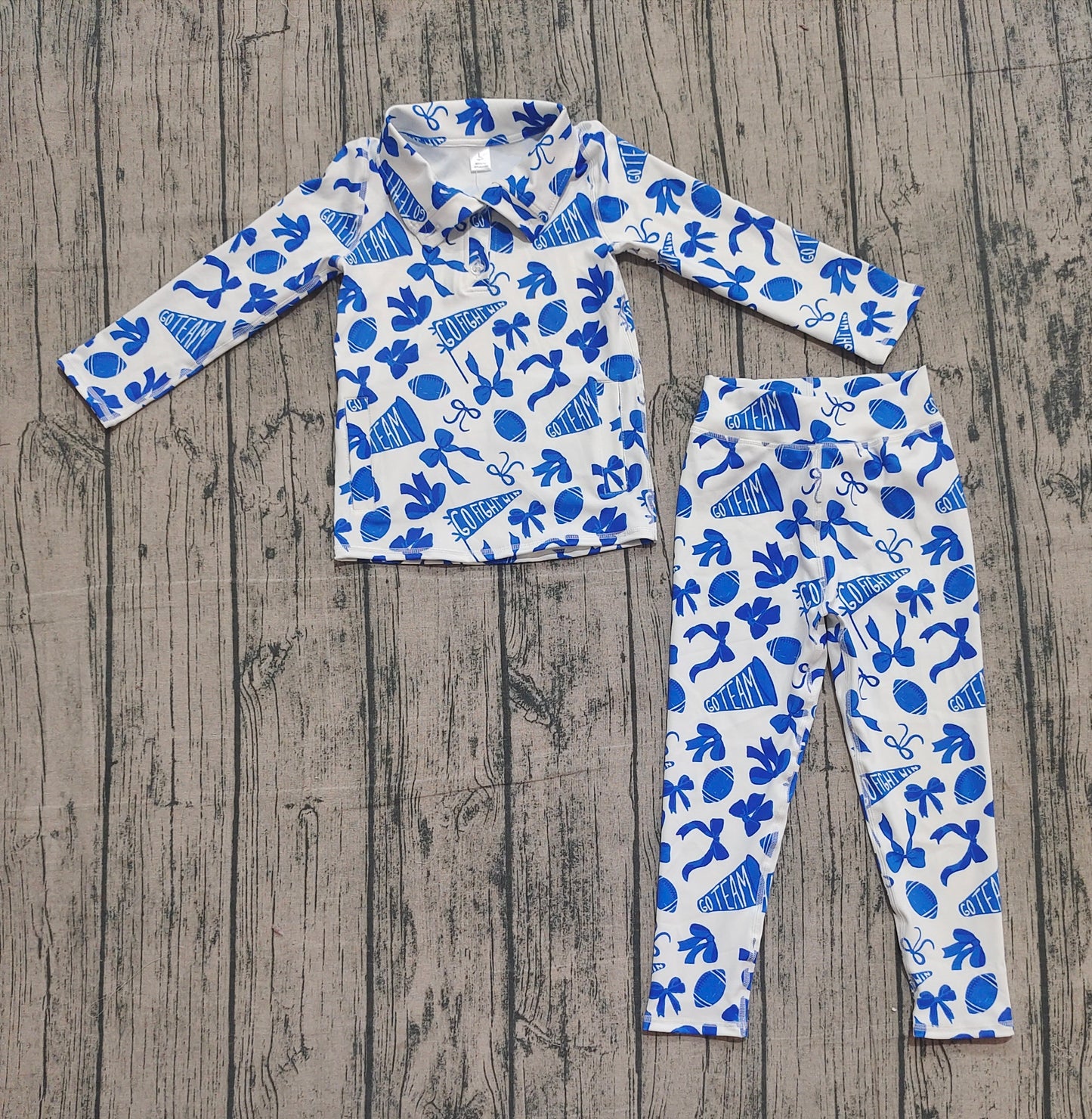 10.1 GLP2761 Sample No Moq Yoga fabric Baby Girls Blue Bows Footballs Go Teams Pullovers Leggings Yoga Clothes Set